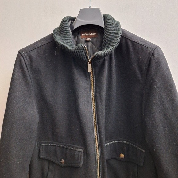 Michael Kors Womens Zip Wool Blend Coat XL Solid Black Flap Pockets Jacket - Picture 3 of 9
